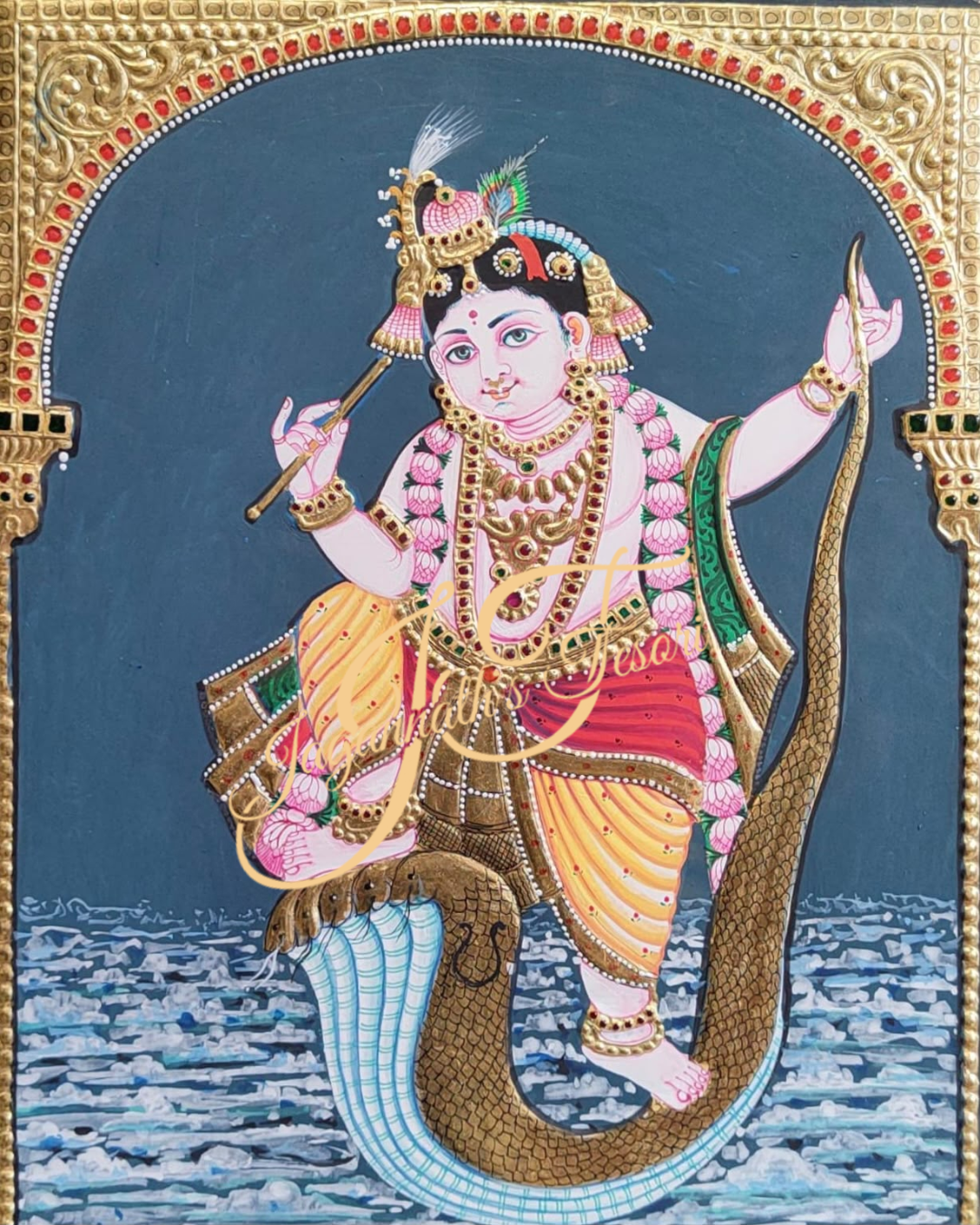 Sri Krishna Kaliya Mardana | 22 Karat Gold Work | Framed | Tanjore Painting