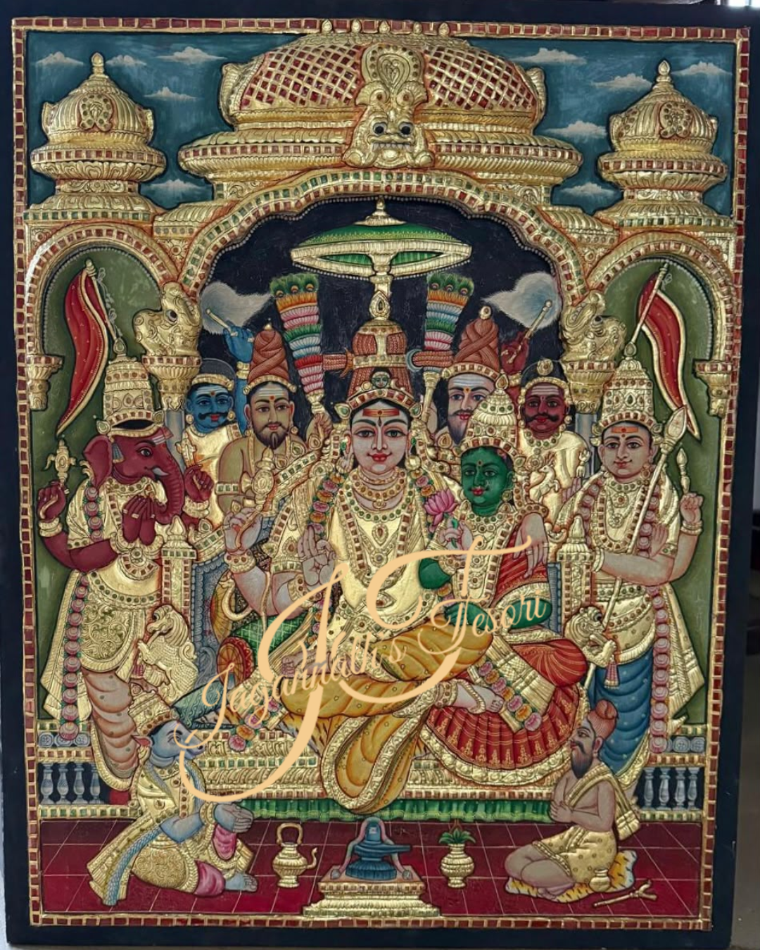 Divine Family of Lord Shiva | 22 Karat Gold Work | Framed | Tanjore Painting