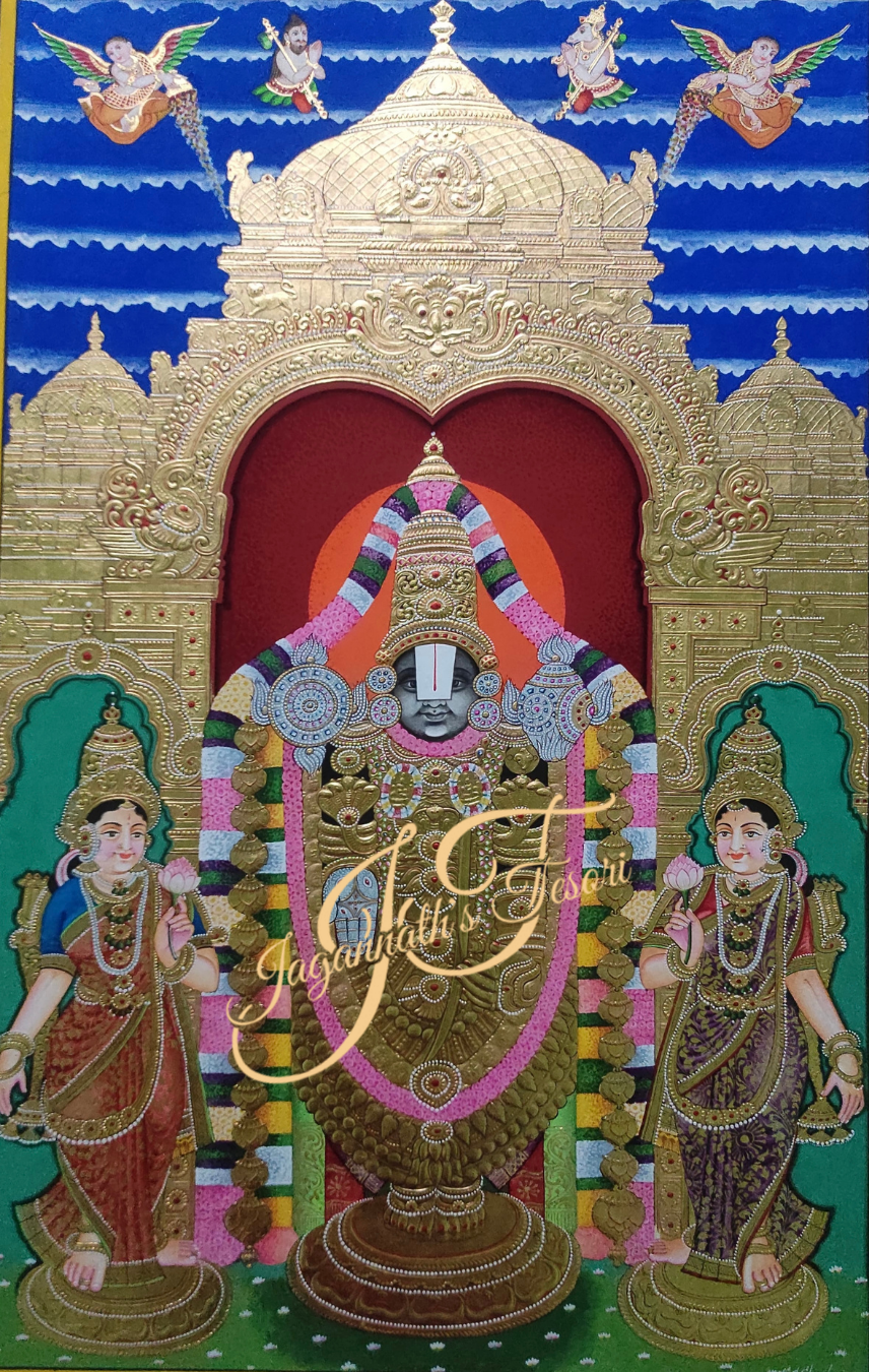Lord Venkateshwara with Consorts | 22 Karat Gold Work | Unframed | Mysore Painting