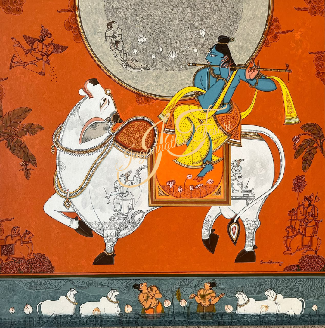 The Sacred Cow & Krishna | Gouache on Febriyano Board | Basohli Miniature Paintings
