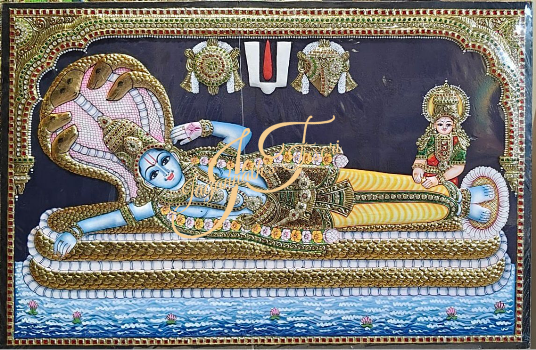 Ranganathaswamy ( Shanku, Chakra, Naman) | 22 Karat Gold Work | Unframed | Tanjore Painting