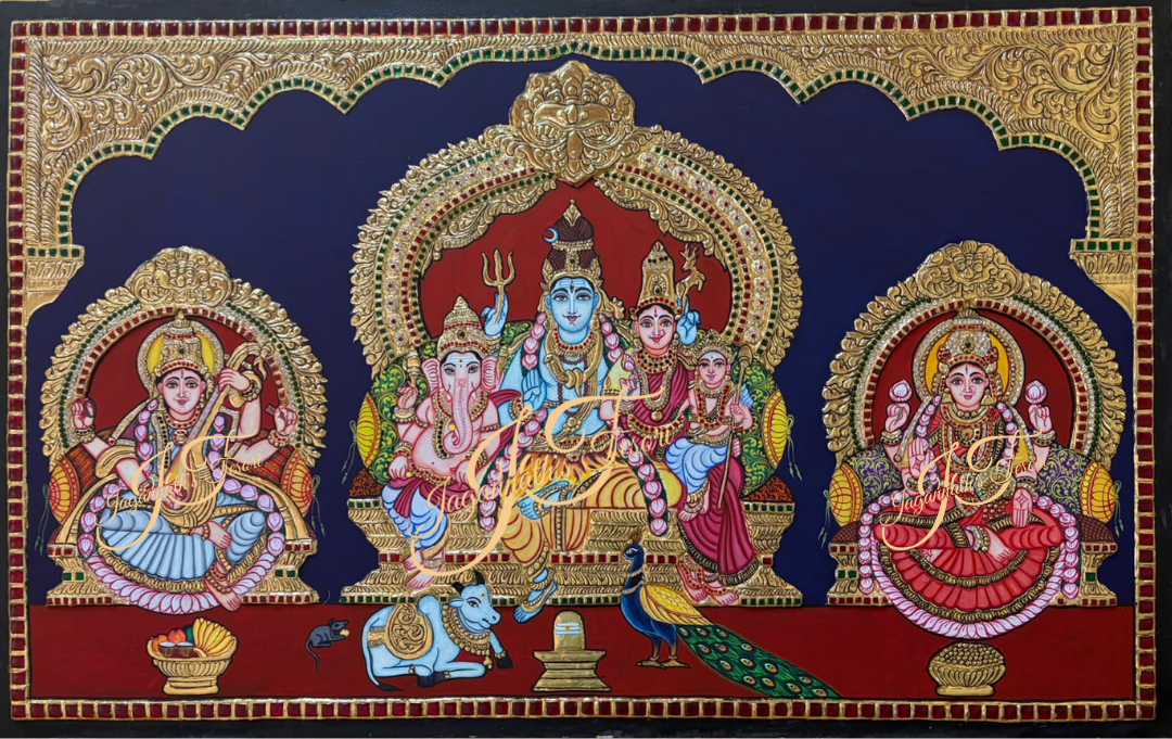 Shiv Kutumb with Lakshmi & Saraswati | 22 Karat Gold Work | Unframed | Tanjore Painting